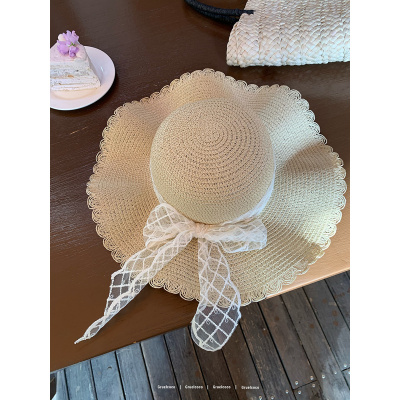 夏季防晒遮阳帽草帽女海边蕾丝蝴蝶结太阳帽大帽檐显脸小草编帽子
