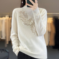 秋冬新款一线成衣羊毛衫女式镶钻半高领针织衫长宽松毛衣打底衫
