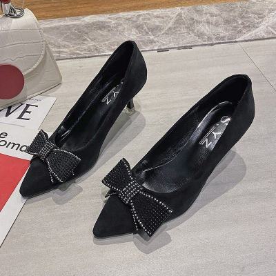 枫述春季小跟鞋绒面羊皮高跟鞋水钻蝴蝶结尖头细猫跟浅口仙女单鞋