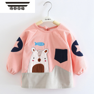 拓斯帝诺儿童罩衣秋冬长袖防水宝宝吃饭围兜女孩男童防脏罩衫婴儿围裙护衣全身防水鱼小熊月牙红100（建议1岁-2岁）