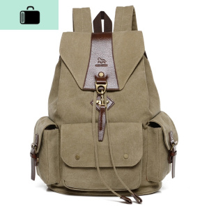 帆布双肩包男士英伦复古抽带搭扣简约休闲学生书包大容量旅行背包NEW LAKE 卡其色