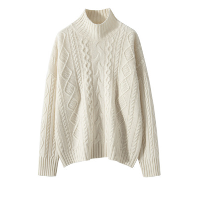 五针阔版纯色山羊绒衫女针织打底衫宽松显瘦厚款长袖套头高领毛衣