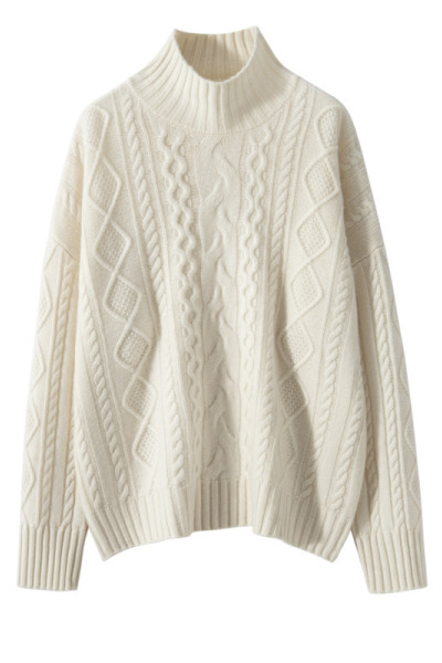 五针阔版纯色山羊绒衫女针织打底衫宽松显瘦厚款长袖套头高领毛衣