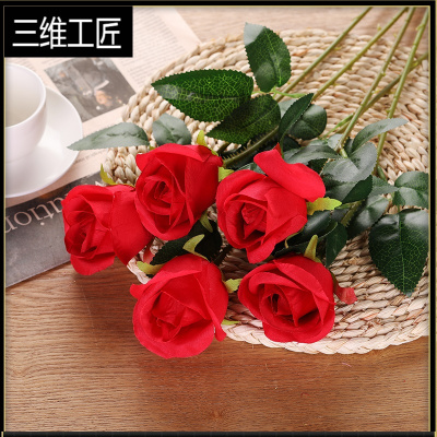 仿真玫瑰花束假花绢花塑料花套装客厅装饰花干花餐桌摆件婚庆花艺三维工匠红色（雪山玫瑰5支）