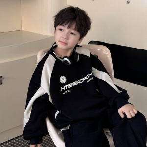 童酷儿童冬款湖州织里童装美式印花拼色一体绒加厚男童卫衣潮