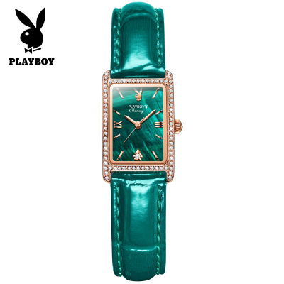 花花公子(playboy)手表女士ins风小绿表小众新款真皮表带石英表防水