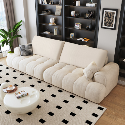 暖白色奶油风猫抓布艺沙发大小户型家用客厅现代简约泡芙直排沙发