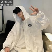 SUNTEK男装潮牌太空棉连帽运动夹克男潮流华夫格休闲慵懒风拉链外套夹克