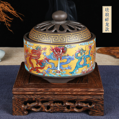 迦印堂檀香炉熏香炉家用室内盘香炉香薰炉沉香炉珐琅陶瓷炉珐琅香炉-祥龙款+底座
