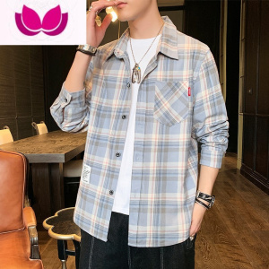 七斓男士衬衫春装夏季学生港风日系潮牌宽松长袖格子衬衣帅气寸衫外套
