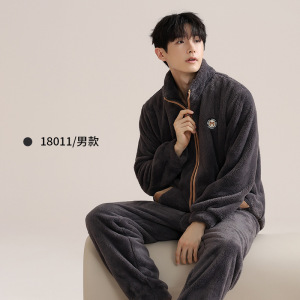 品牌同款情侣珊瑚绒睡衣男女士秋冬季法兰绒加厚半边绒家居服套装_515_424
