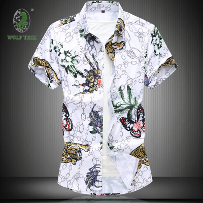 七匹狼国际公司授权WOLFTREK-男装男装短袖数码印花衬衫大码微弹男韩版花色衬衫短袖上衣