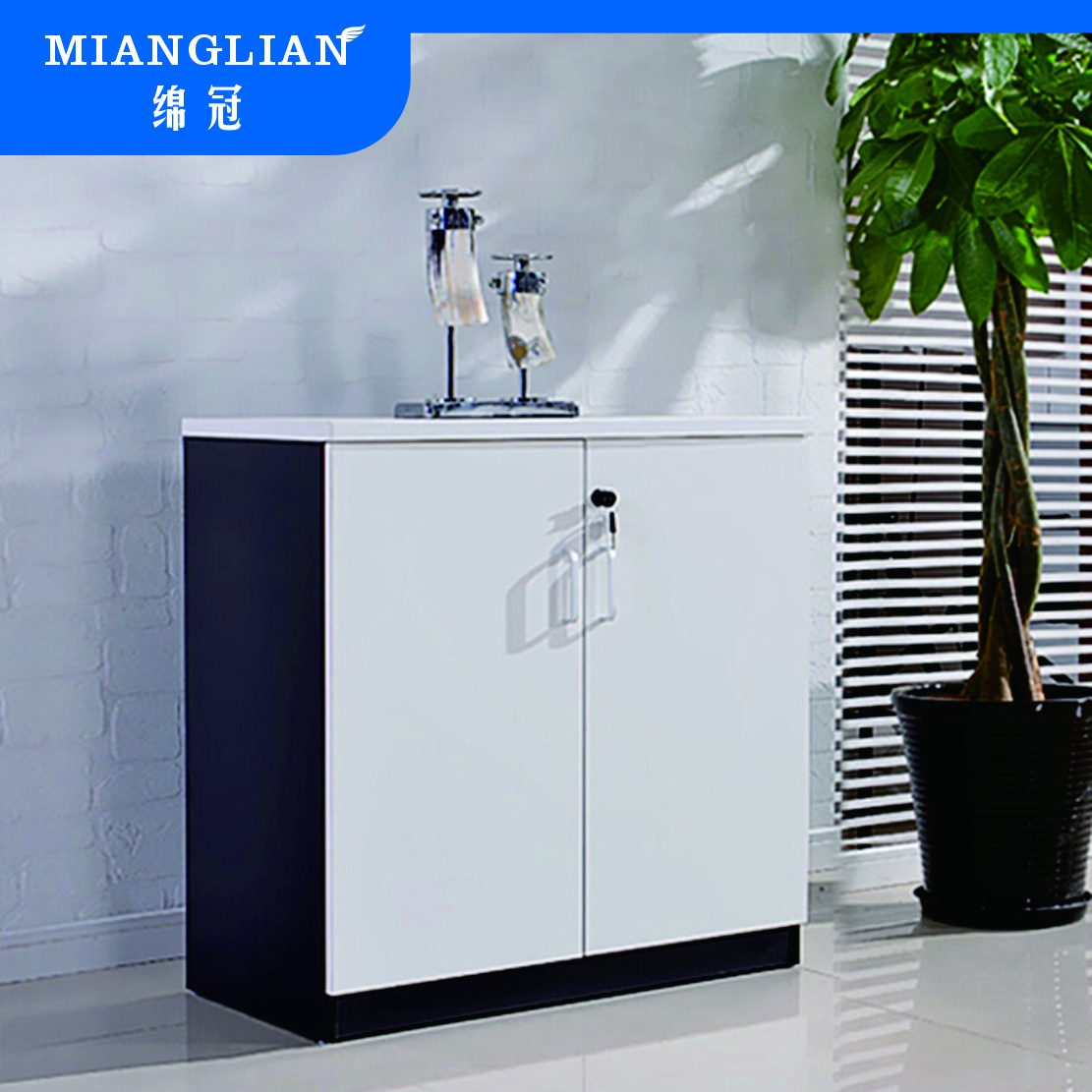 绵冠MIANGUAN木质二门储物柜文件柜带锁小柜子员工办公柜茶水柜收纳柜档案柜资料柜矮柜