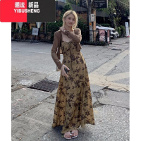 YIBUSHENG2024季新款法式复古水墨国风显瘦吊带连衣裙气质淑女显瘦长裙