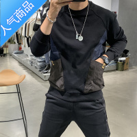 喻娄卫衣男士潮牌ins港风2022春秋新款宽松圆领t恤长袖拼色上衣打底衫T恤