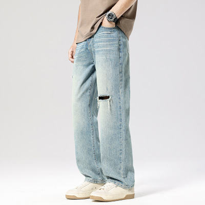 高街风垂感阔腿牛仔裤男复古渐变水洗裤猫须做旧百搭通勤长裤
