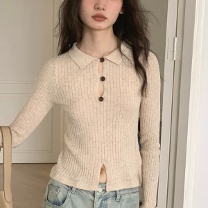 韩版镂空襟辣妹T恤女春秋季新款纯色设计感小众修身长袖上衣潮_590