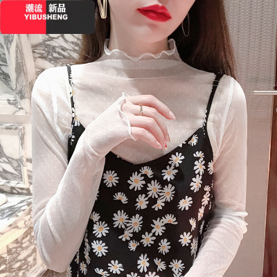 YIBUSHENG黑色蕾丝打底衫女春秋新款内搭洋气薄款透明透视纱衣性感网纱上衣蕾丝衫