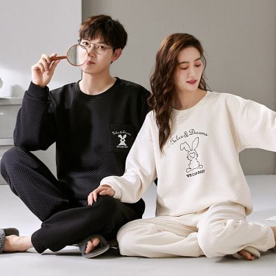 情侣睡衣女秋冬款夹层长袖薄夹棉男士加厚空气棉家居服套装可外穿