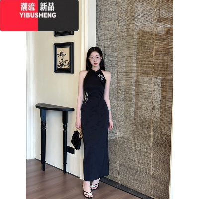 YIBUSHENG一尧[连理枝]新中式提花复古刺绣连衣裙女黑色衬衫情侣款