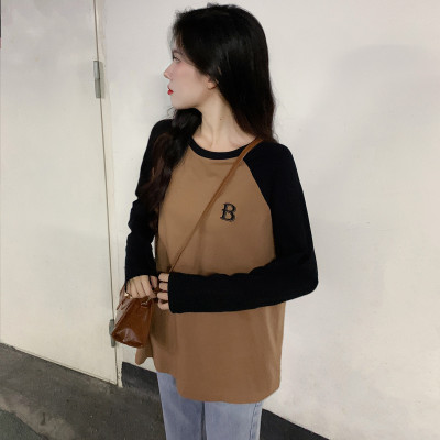 [1折价29.9元,叠加优惠券]春季女圆领拼接字母长袖T恤百搭潮流时尚别致韩系