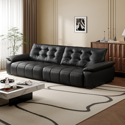 全友家居复古风真皮沙发客厅家用大黑牛皮艺中小户型直排沙发