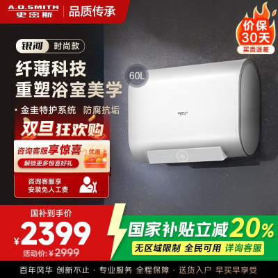 AO史密斯佳尼特 60升电热水器 纤薄双胆扁桶 金圭内胆 3kW速热 CTE-60HT0 小尺寸71cm