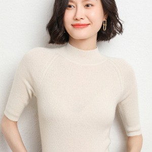 半高领针织衫女2026春秋修身薄款五分袖套头毛衣纯色中袖打底上衣