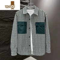 YANXU秋季新款条纹拼色潮流百搭休闲外套男士时尚简约情侣长袖衬衣夹克