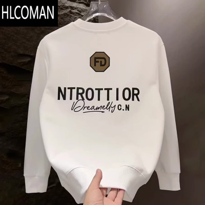 HLCOMAN秋季新款潮牌卫衣男简约字母印花长袖棉T恤休闲圆领打底上衣外套