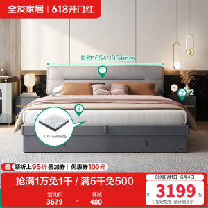 全友家居 意式轻奢软床双人床 卧室大床 加厚饱满软靠 科技布布艺床 金属排骨架 金属脚