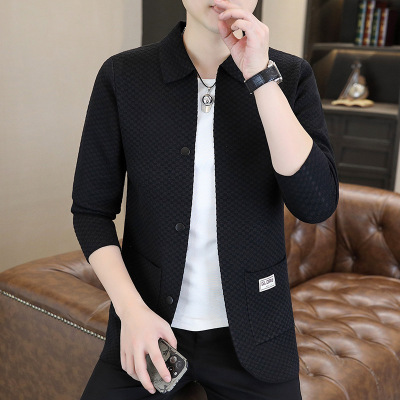 提花开衫毛衣男士春秋季新款翻领时尚休闲长袖毛衣外搭针织衫