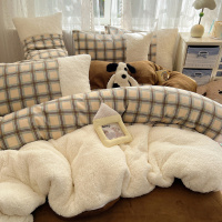 复古格子羊羔绒拼牛奶绒床上四件套韩系少女秋冬加厚珊瑚绒三件套