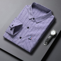 男士长袖衬衫春秋季新款长袖翻领棉麻衬衫男中老年爸爸装条纹衬衣_242