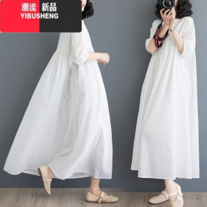 YIBUSHENG白色苎麻连衣裙女宽松遮肚子显瘦高腰大摆裙子胖mm海边度假长裙