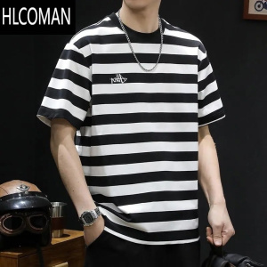 HLCOMAN2024夏季新款宽松大码男款圆领套头体恤潮牌条纹撞色短袖T恤上衣