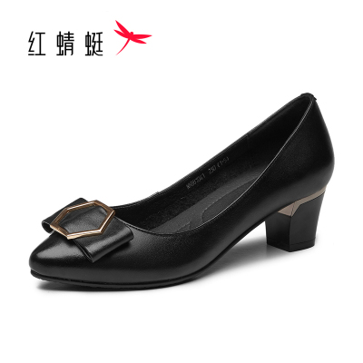 红蜻蜓女鞋夏季牛皮红色粗跟尖头蝴蝶结浅口头层牛皮单鞋女皮鞋中跟中老年妈妈鞋纯色工作鞋