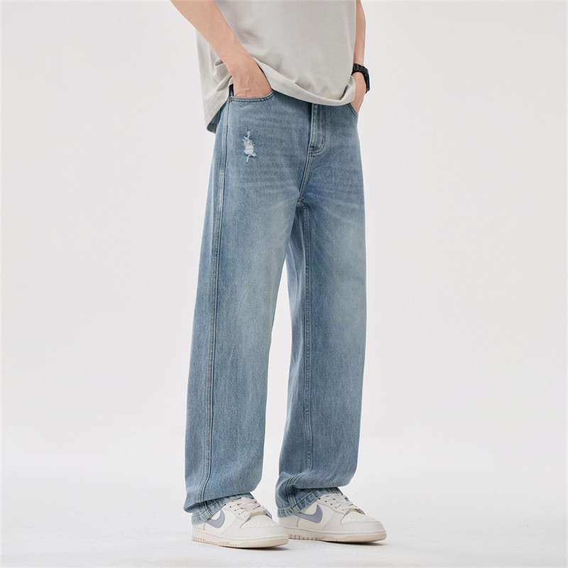 2026春夏美式水洗浅蓝破洞牛仔裤男休闲复古百搭直筒微锥长裤子