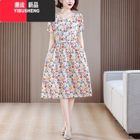 YIBUSHENG抽绳口袋棉绸连衣裙女中长款季收腰碎花妈妈中老年短袖洋气外穿