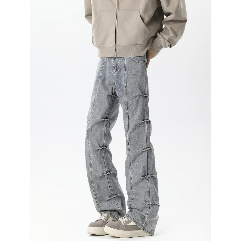 小众设计褶皱男士高级感裤子欧美时尚感休闲复古高街微喇牛仔裤男