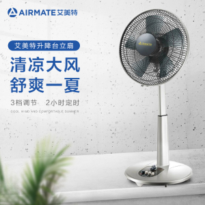 艾美特官方旗舰店大风量电风扇团购12寸浅灰色升降学生机械台立扇家用宿舍定时省电落地扇(可开发票)
