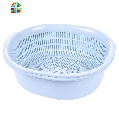 加大加厚双层塑料果盆果篮两件套厨房洗菜盆洗水果蔬篮子A FENGHOU 素色蓝大号双层洗菜篮洗菜篮
