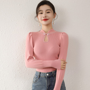 新款显瘦内搭淑女修身打底衫中国风旗袍领上衣针织衫气质内搭