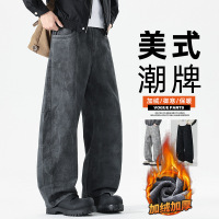 潮牌百搭运动卫裤男秋冬款美式复古阔腿裤青少年垂感休闲加绒裤男