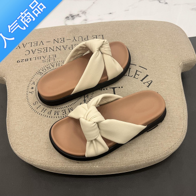 SUNTEK厚底仙女风凉鞋半拖鞋2022年女新款夏季外穿平底蝴蝶结防滑沙滩鞋