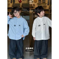 童酷男童秋款韩系纯色中小童衬衣字母刺绣个性领子儿童衬衫潮