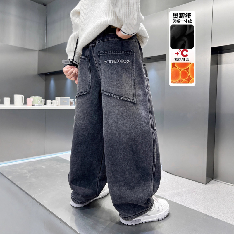 儿童装男童冬季一体加绒裤子新款中大童秋冬款加厚男孩牛仔裤