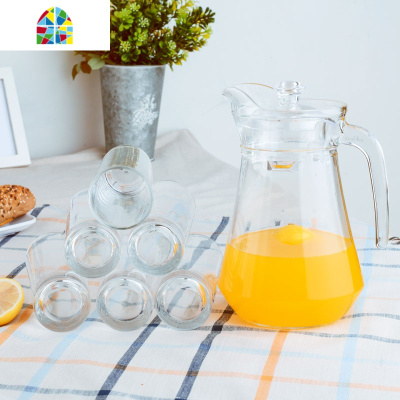 创意玻璃鸭嘴壶家用凉水壶冷水壶透明花茶壶果汁瓶凉水杯凉壶套装 FENGHOU 1鸭嘴壶+6高八角+1沥水架(绿)