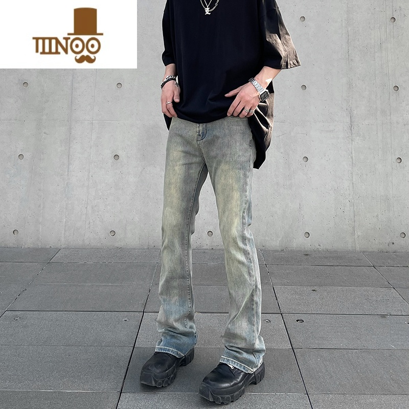 YANXU美式复古黄泥染水洗做旧牛仔裤男高街cleanfit直筒修身微喇裤子潮