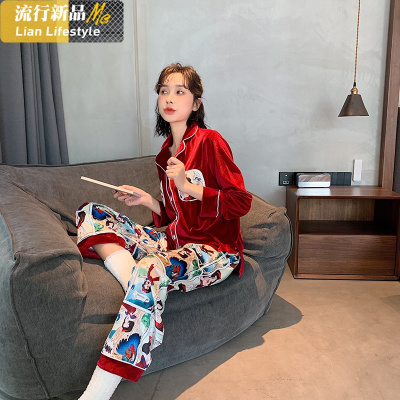 恋名媛秋冬季新款丝绒睡衣女卡通家居服套装金丝绒长袖大码宽松情侣厚睡衣
